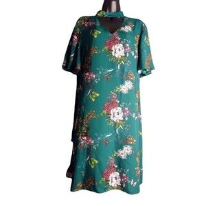Worthington Emerald Green Floral A-Line Shift Dress Size 14 High Neck Pockets